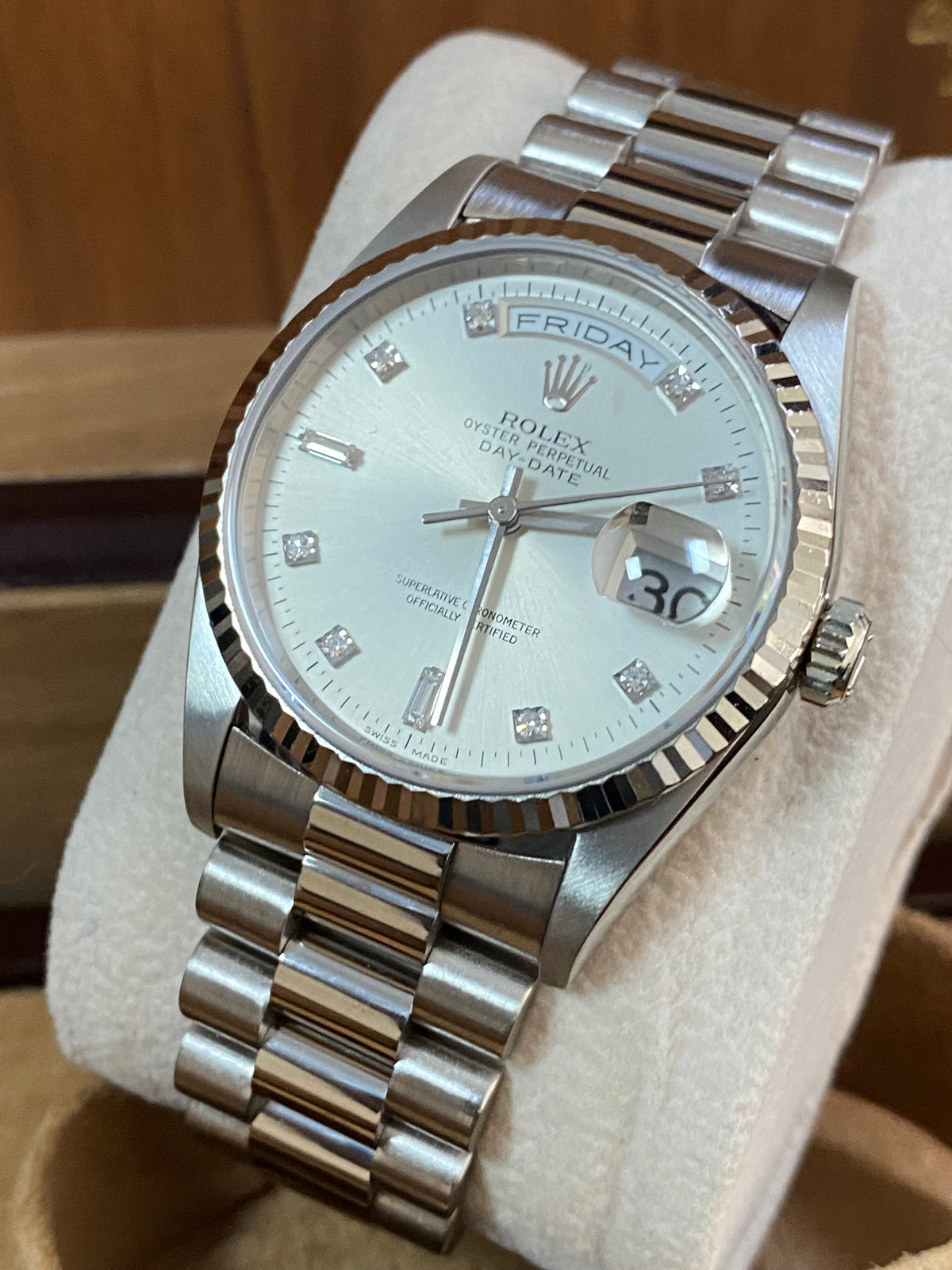 Rolex White Gold Day-Date 36 - T serial - Fluted Bezel - Factory Diamond Dial - President Bracelet - 18239