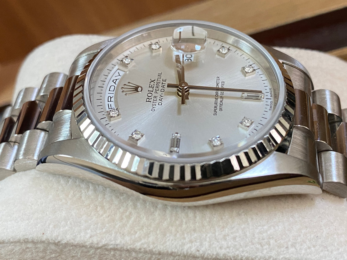 Rolex White Gold Day-Date 36 - T serial - Fluted Bezel - Factory Diamond Dial - President Bracelet - 18239