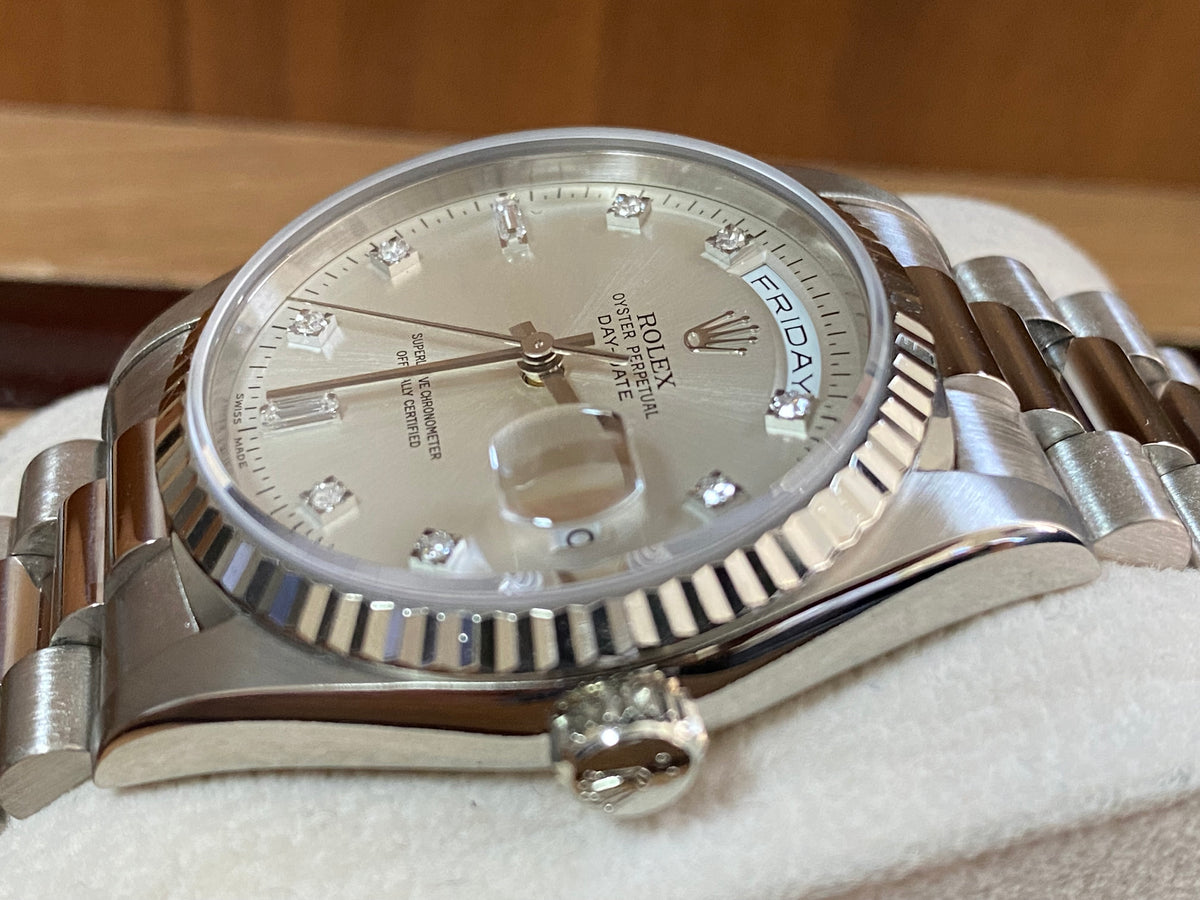 Rolex White Gold Day-Date 36 - T serial - Fluted Bezel - Factory Diamond Dial - President Bracelet - 18239