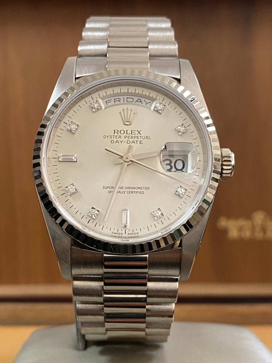 Rolex White Gold Day-Date 36 - T serial - Fluted Bezel - Factory Diamond Dial - President Bracelet - 18239