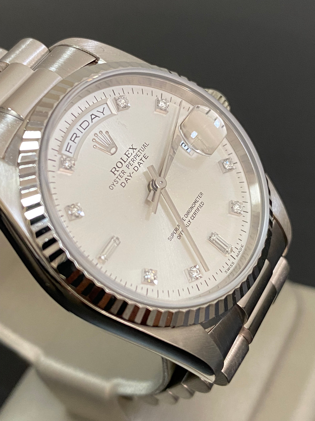 Rolex White Gold Day-Date 36 - T serial - Fluted Bezel - Factory Diamond Dial - President Bracelet - 18239