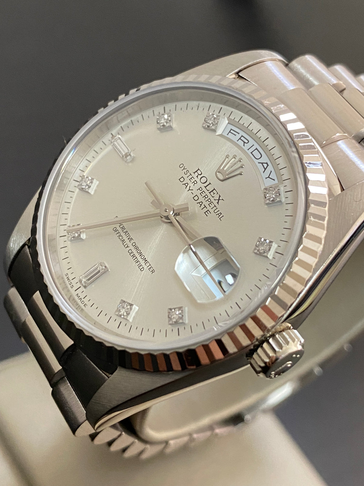 Rolex White Gold Day-Date 36 - T serial - Fluted Bezel - Factory Diamond Dial - President Bracelet - 18239