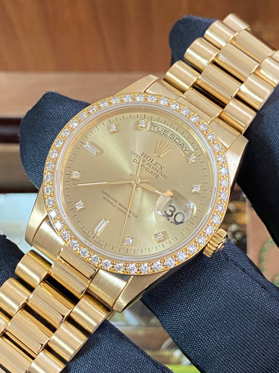 Rolex Yellow Gold Day-Date 36 - W serial - Factory Diamond Bezel & Dial - President Bracelet - 18348