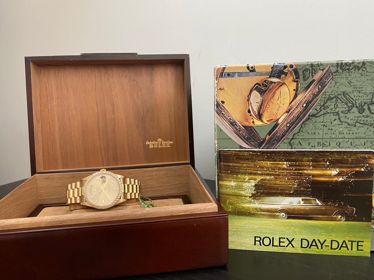 Rolex Yellow Gold Day-Date 36 - W serial - Factory Diamond Bezel & Dial - President Bracelet - 18348