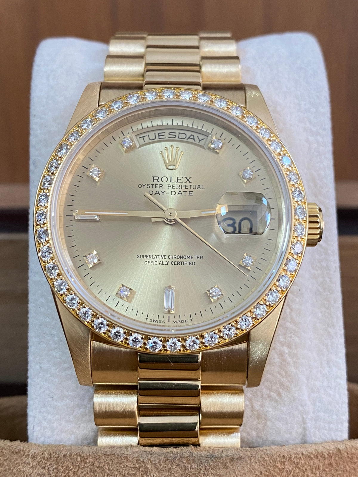 Rolex Yellow Gold Day-Date 36 - W serial - Factory Diamond Bezel & Dial - President Bracelet - 18348