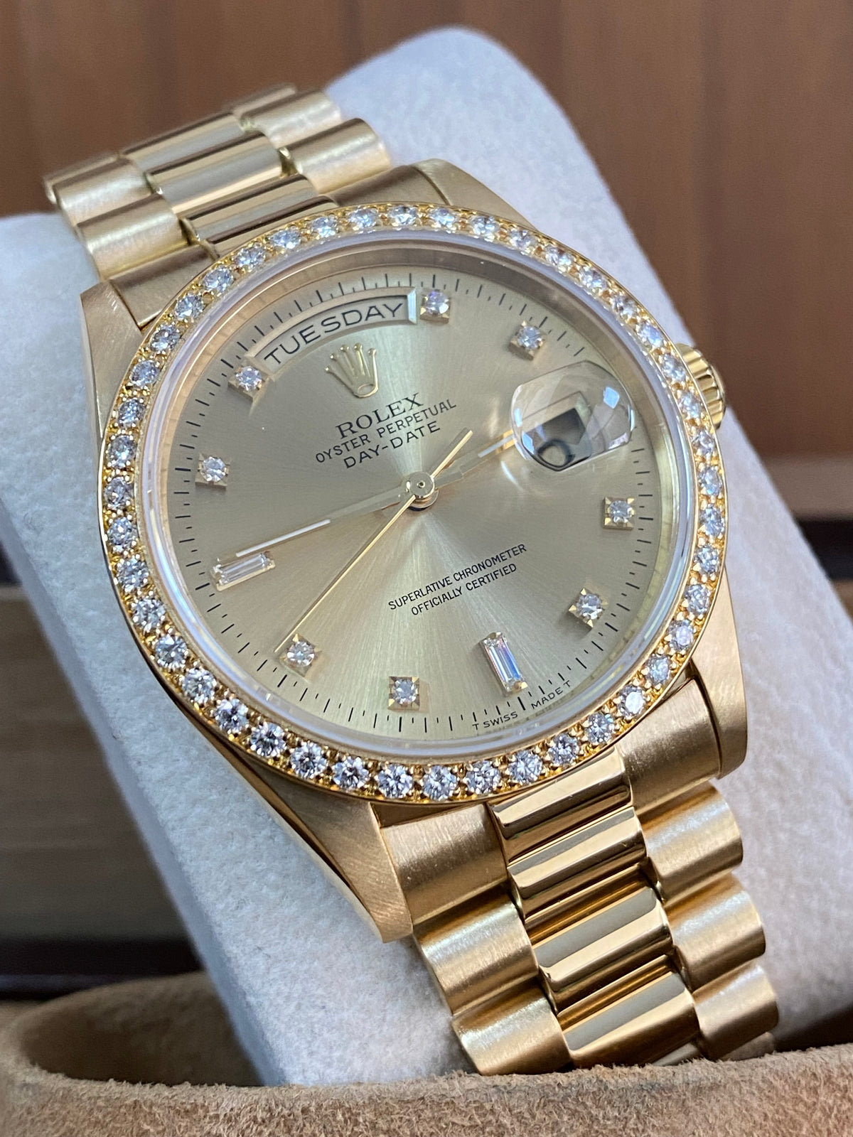 Rolex Yellow Gold Day-Date 36 - W serial - Factory Diamond Bezel & Dial - President Bracelet - 18348