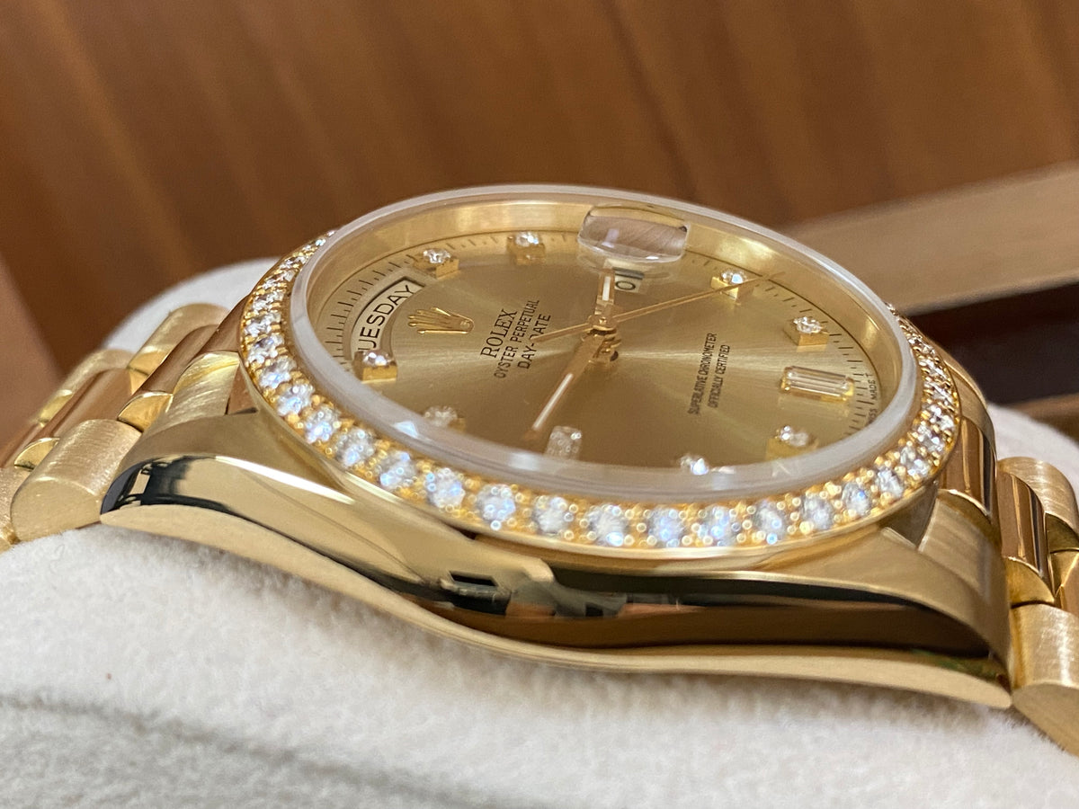 Rolex Yellow Gold Day-Date 36 - W serial - Factory Diamond Bezel & Dial - President Bracelet - 18348