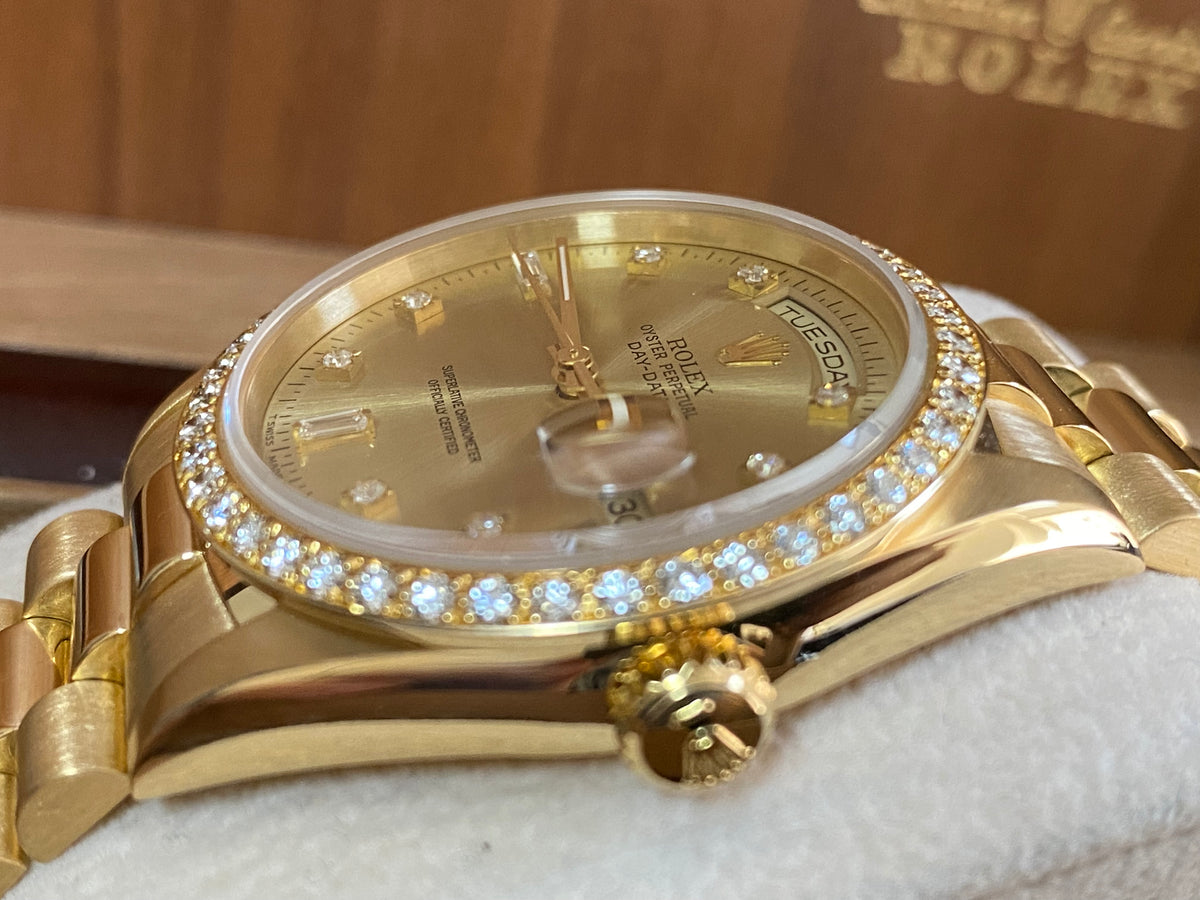 Rolex Yellow Gold Day-Date 36 - W serial - Factory Diamond Bezel & Dial - President Bracelet - 18348