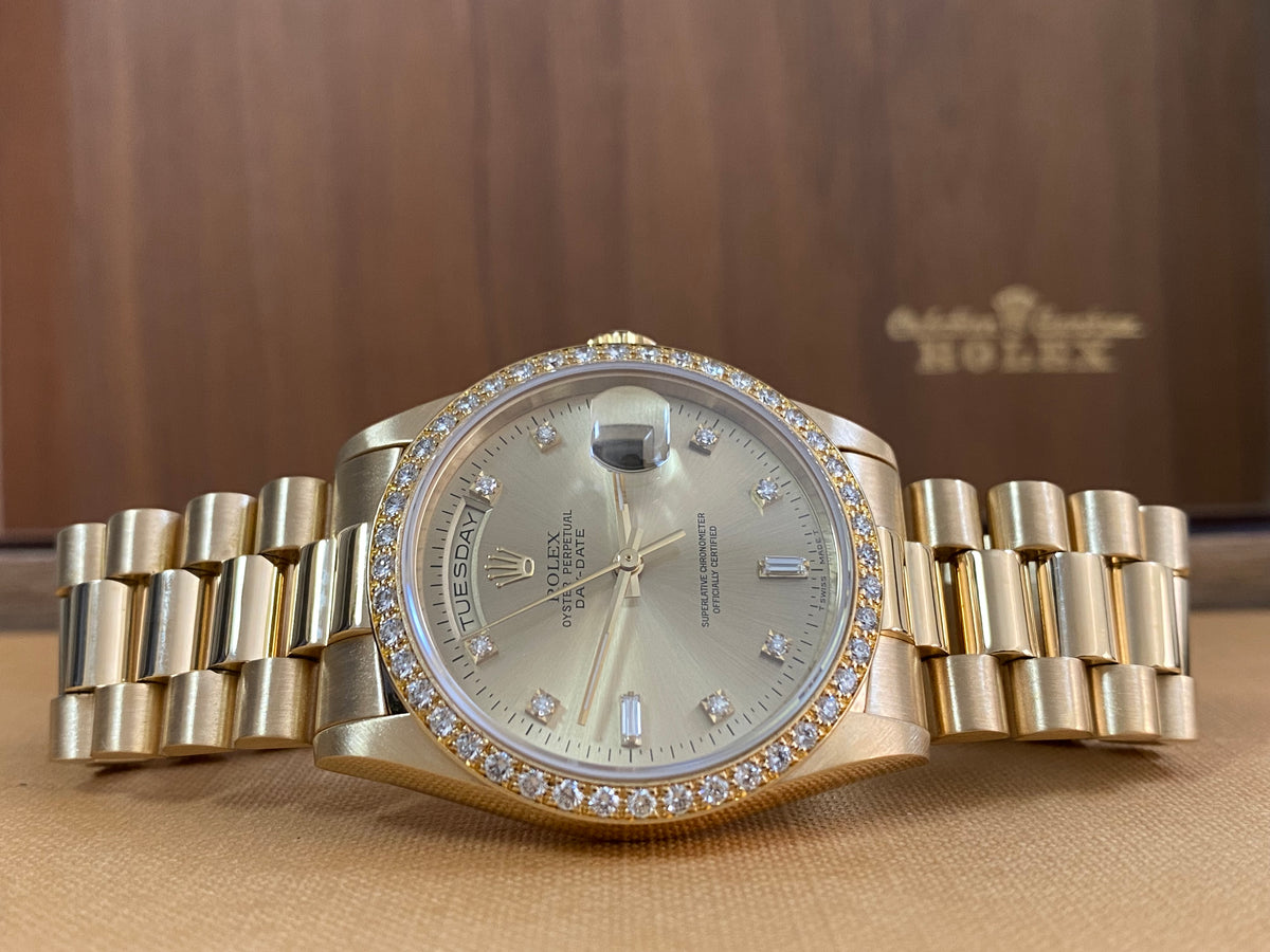 Rolex Yellow Gold Day-Date 36 - W serial - Factory Diamond Bezel & Dial - President Bracelet - 18348