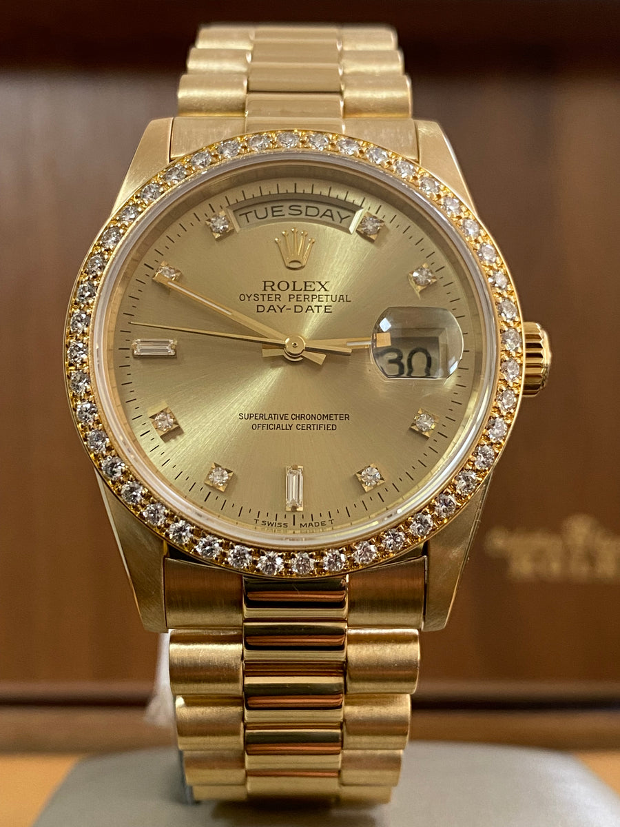 Rolex Yellow Gold Day-Date 36 - W serial - Factory Diamond Bezel & Dial - President Bracelet - 18348