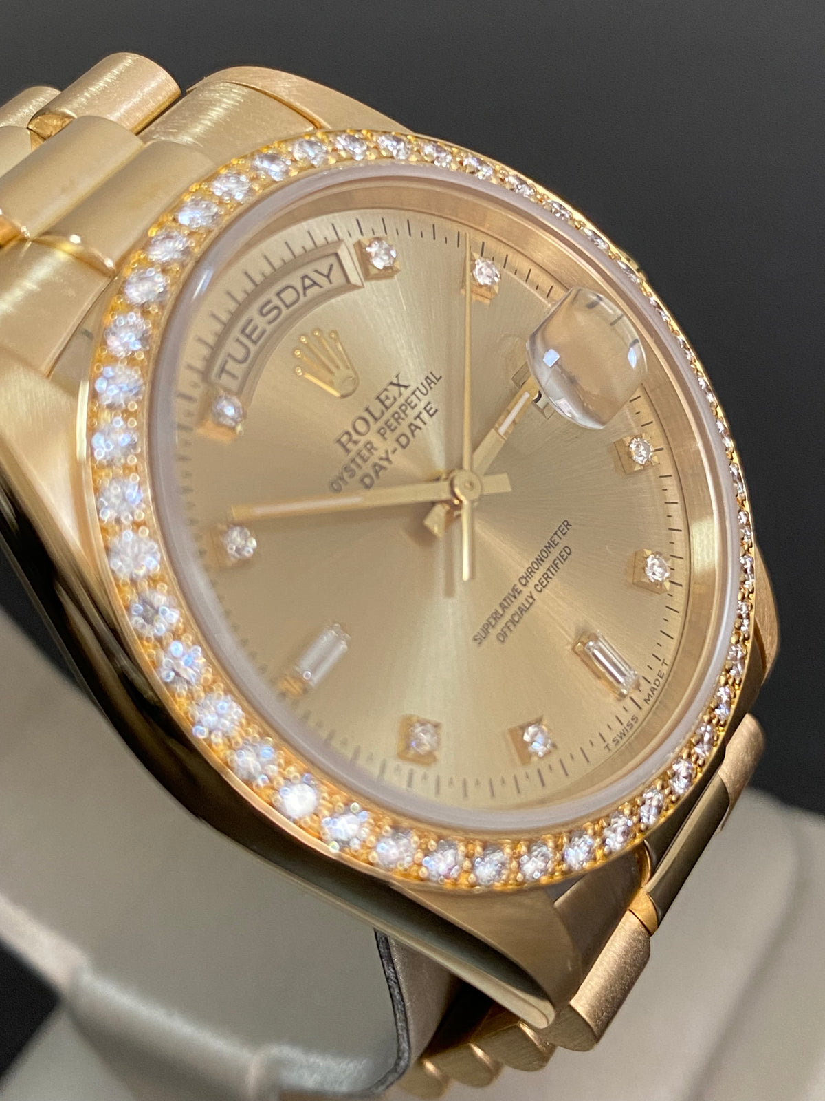 Rolex Yellow Gold Day-Date 36 - W serial - Factory Diamond Bezel & Dial - President Bracelet - 18348