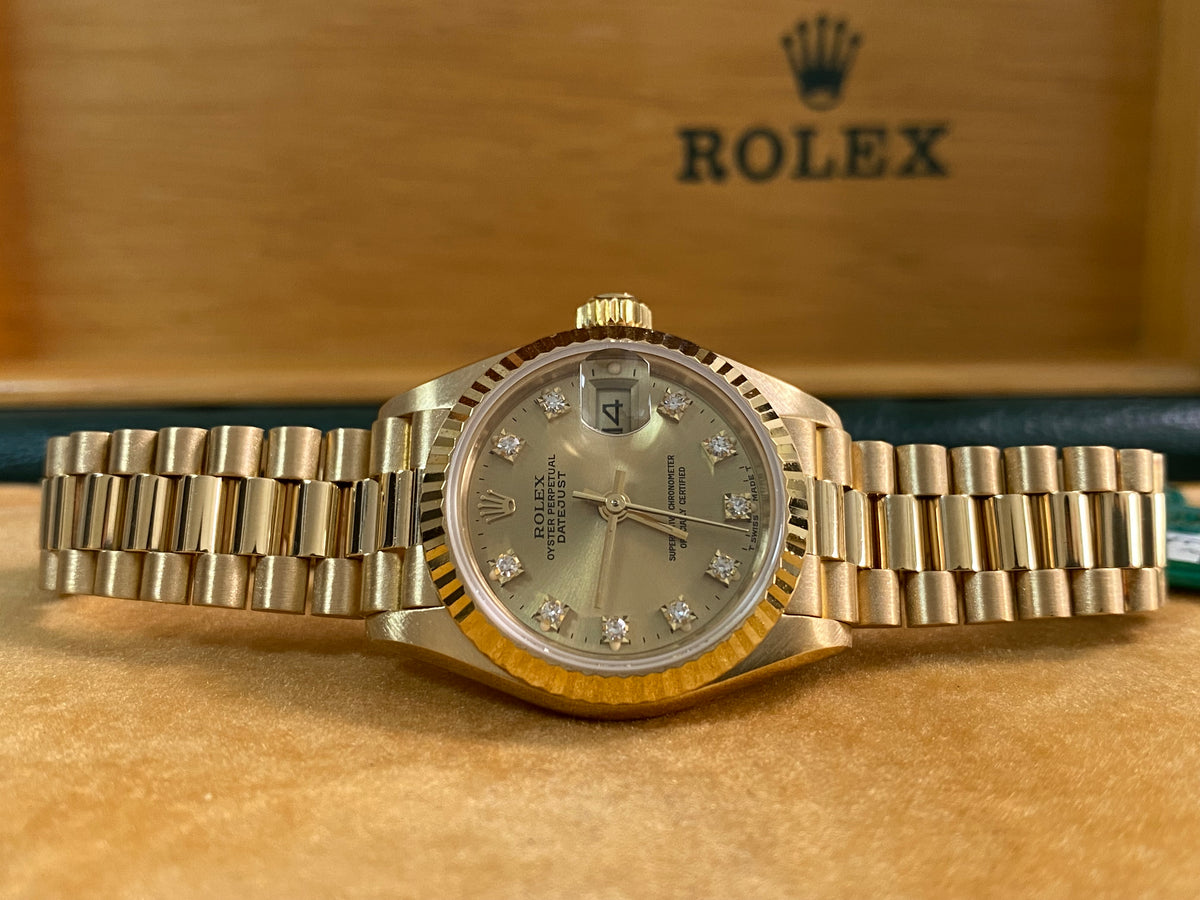 Rolex Yellow Gold Lady-Datejust - R serial - Fluted Bezel - Champagne Diamond Dial - President Bracelet - 69178 *FULL SET*