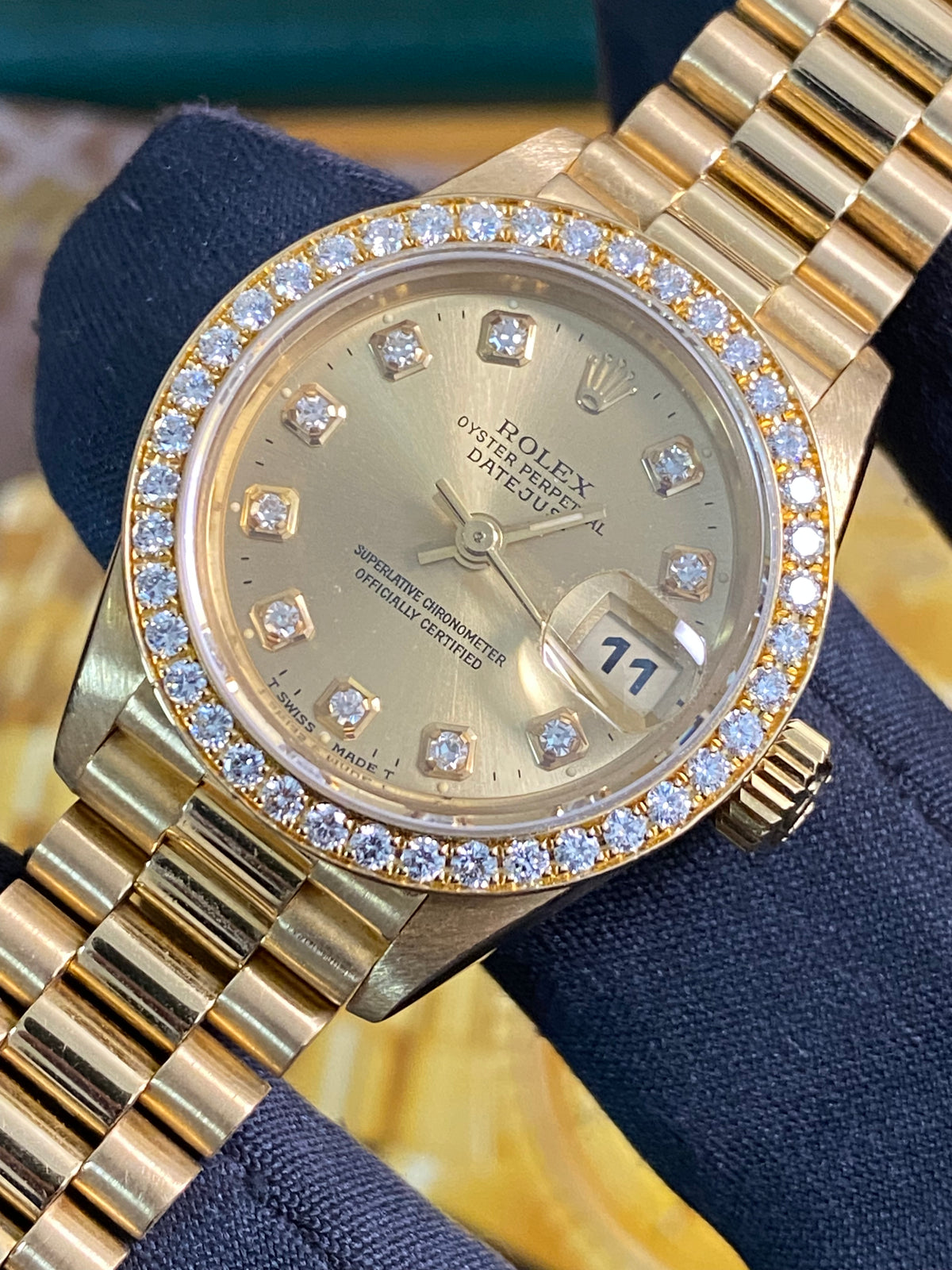 Rolex Yellow Gold Lady-Datejust - W serial - Diamond Bezel - Champagne Diamond Dial - President Bracelet - 69138