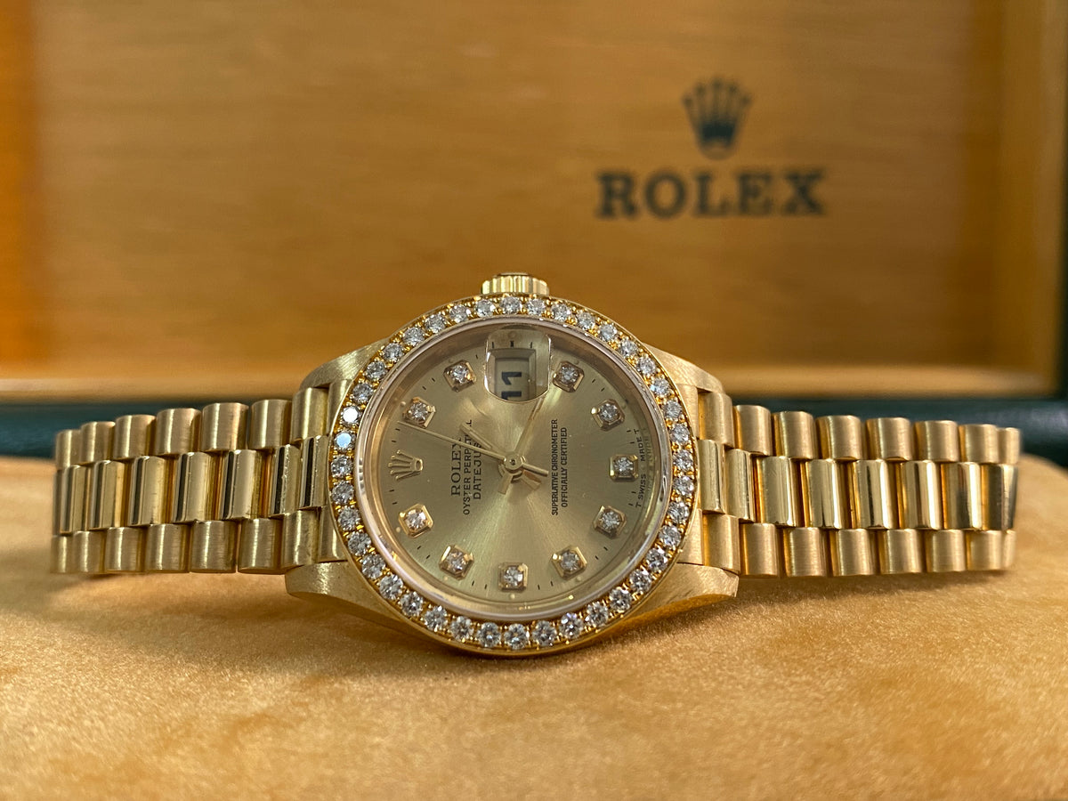 Rolex Yellow Gold Lady-Datejust - W serial - Diamond Bezel - Champagne Diamond Dial - President Bracelet - 69138