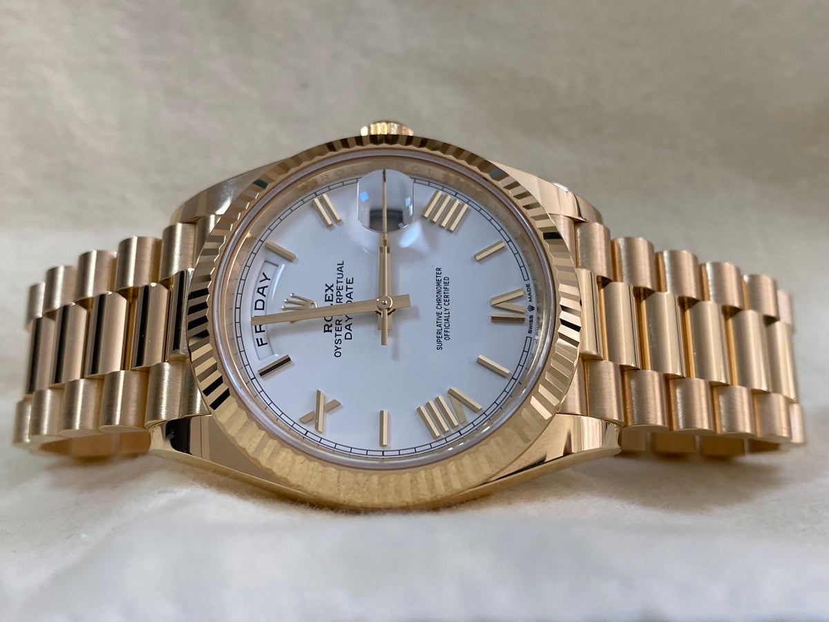 Rolex Yellow Gold Day-Date 40 - 2023 - Fluted Bezel - White Roman Dial - President Bracelet - 228238 *FULL SET*