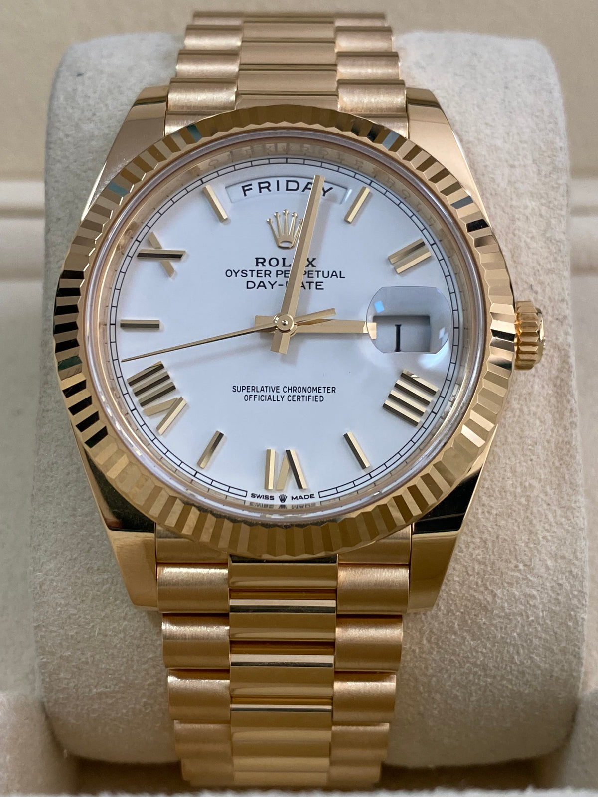 Rolex Yellow Gold Day-Date 40 - 2023 - Fluted Bezel - White Roman Dial - President Bracelet - 228238 *FULL SET*