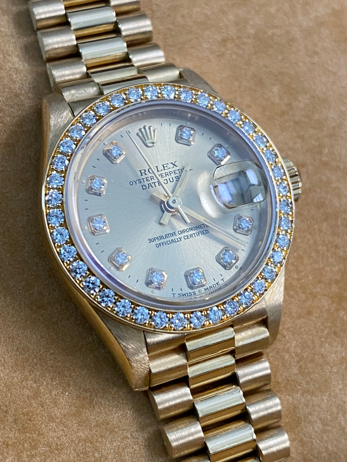 Rolex Yellow Gold Lady-Datejust - W serial - Diamond Bezel - Champagne Diamond Dial - President Bracelet - 69138