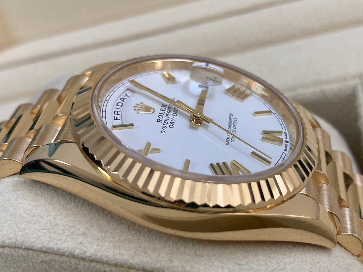 Rolex Yellow Gold Day-Date 40 - 2023 - Fluted Bezel - White Roman Dial - President Bracelet - 228238 *FULL SET*