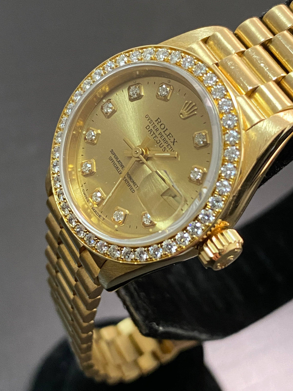 Rolex Yellow Gold Lady-Datejust - W serial - Diamond Bezel - Champagne Diamond Dial - President Bracelet - 69138