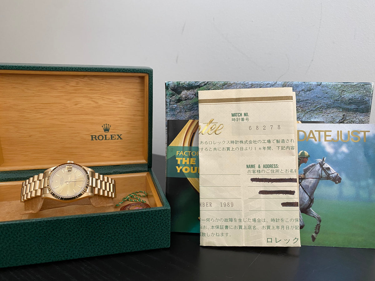 Rolex Yellow Gold Datejust 31 - L serial - Fluted Bezel - Champagne Index Dial - President Bracelet - 68278