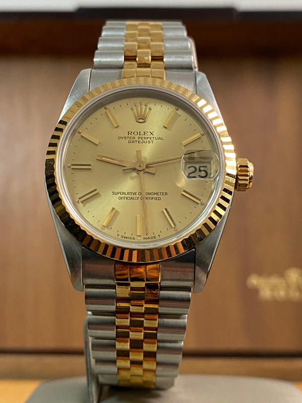 Rolex Steel & Yellow Gold Datejust 31 - 1986 - Fluted Bezel - Champagne Index Dial - Jubilee Bracelet - 68273 *FULL SET*