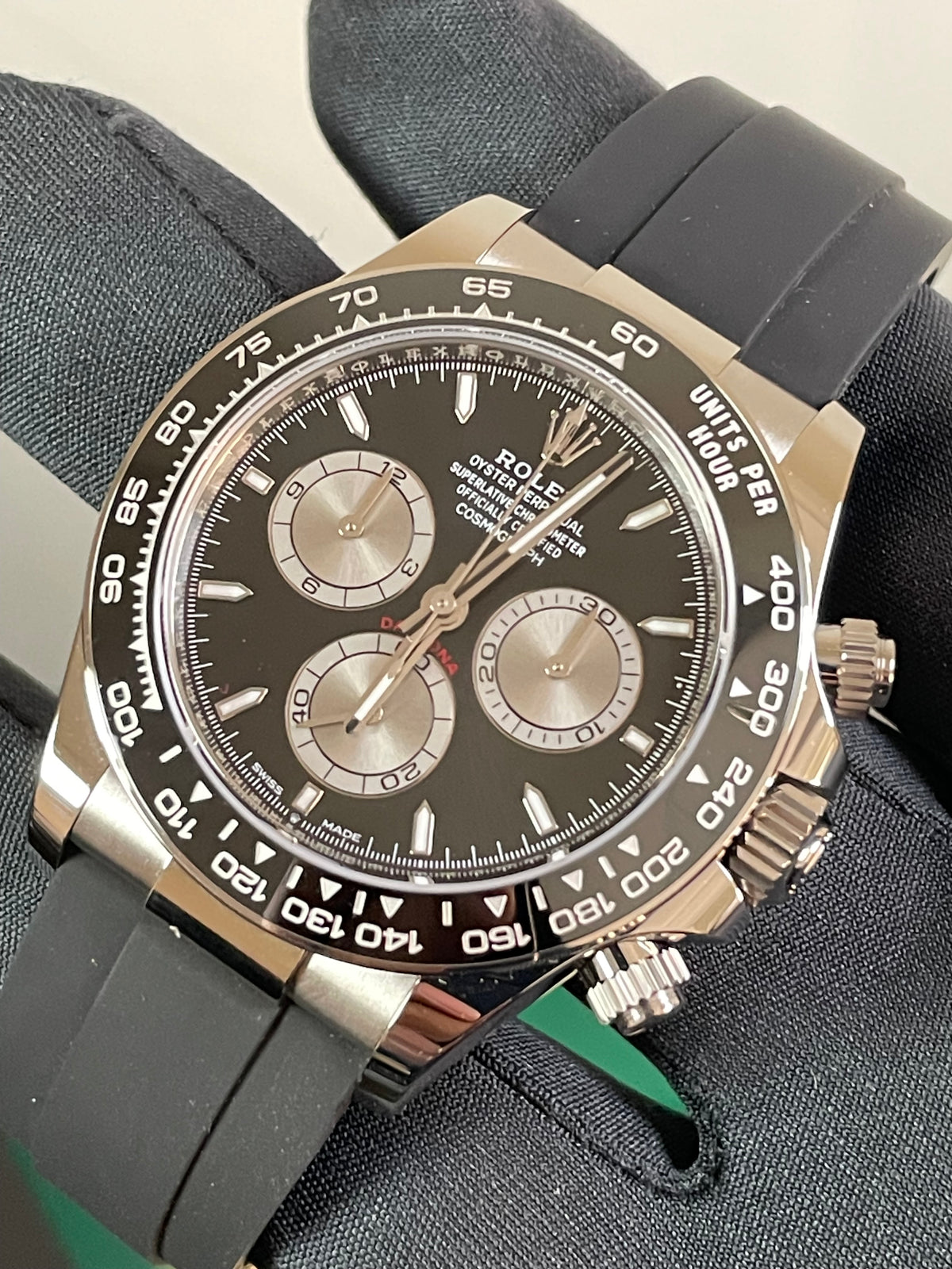 Rolex White Gold Cosmograph Daytona - 2023 - Black and Steel Dial - Black Oysterflex Strap - 126519LN