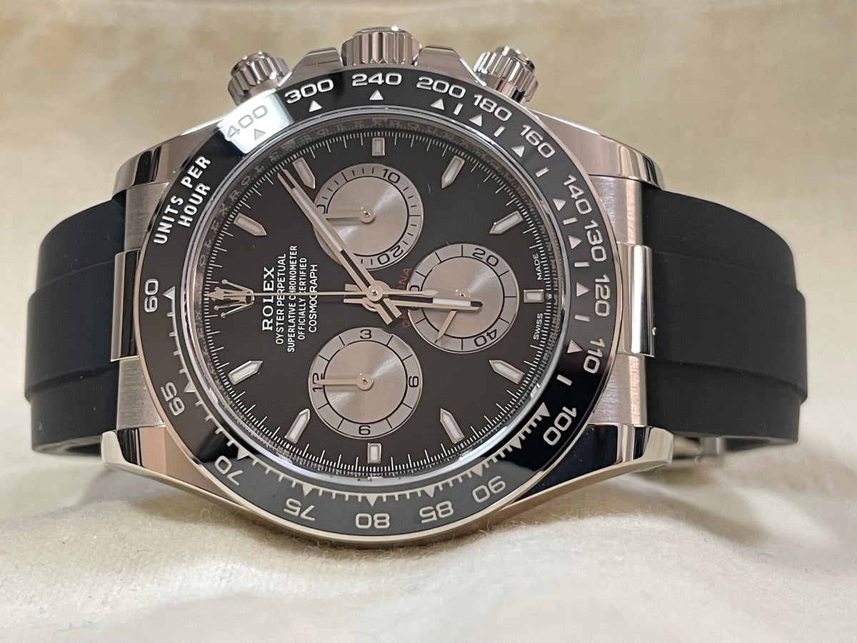 Rolex White Gold Cosmograph Daytona - 2023 - Black and Steel Dial - Black Oysterflex Strap - 126519LN