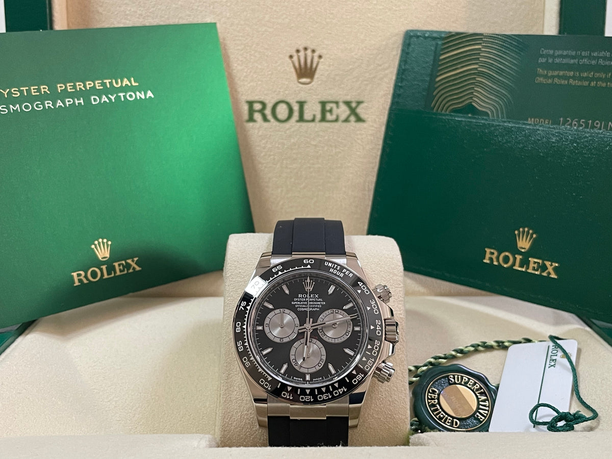 Rolex White Gold Cosmograph Daytona - 2023 - Black and Steel Dial - Black Oysterflex Strap - 126519LN