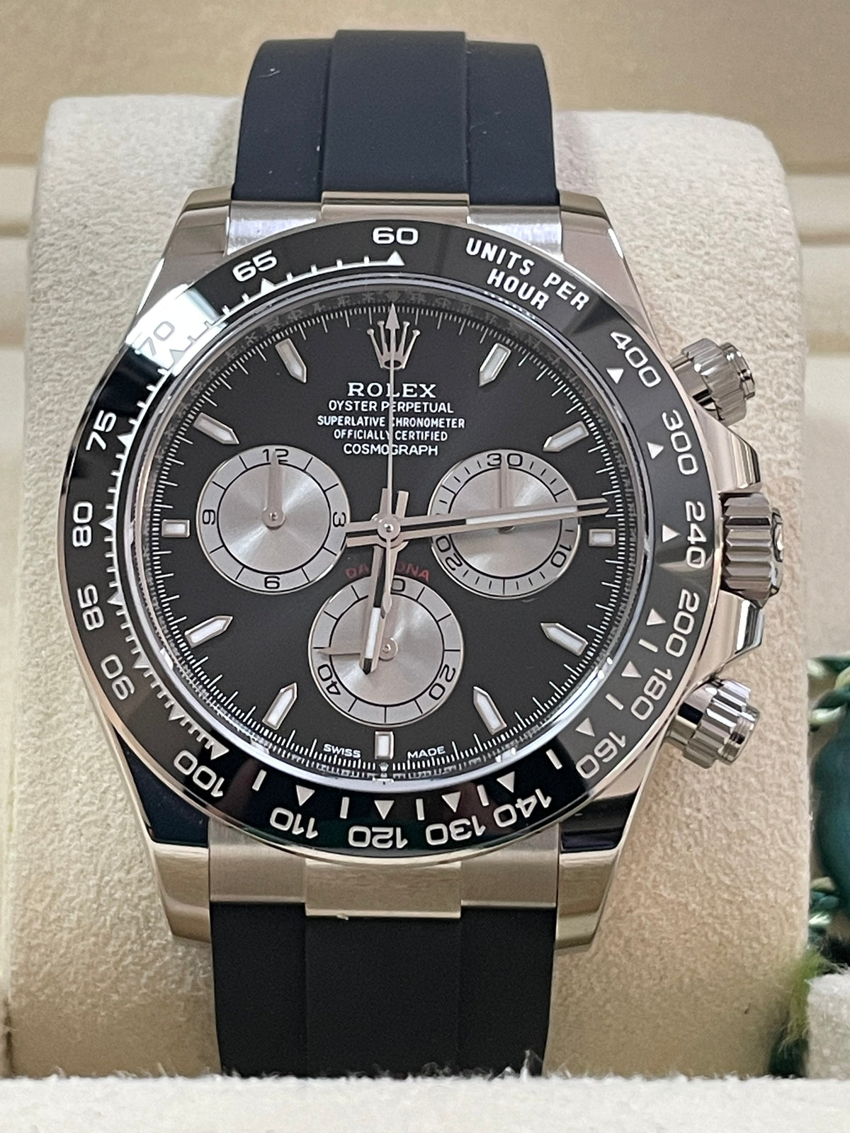 Rolex White Gold Cosmograph Daytona - 2023 - Black and Steel Dial - Black Oysterflex Strap - 126519LN