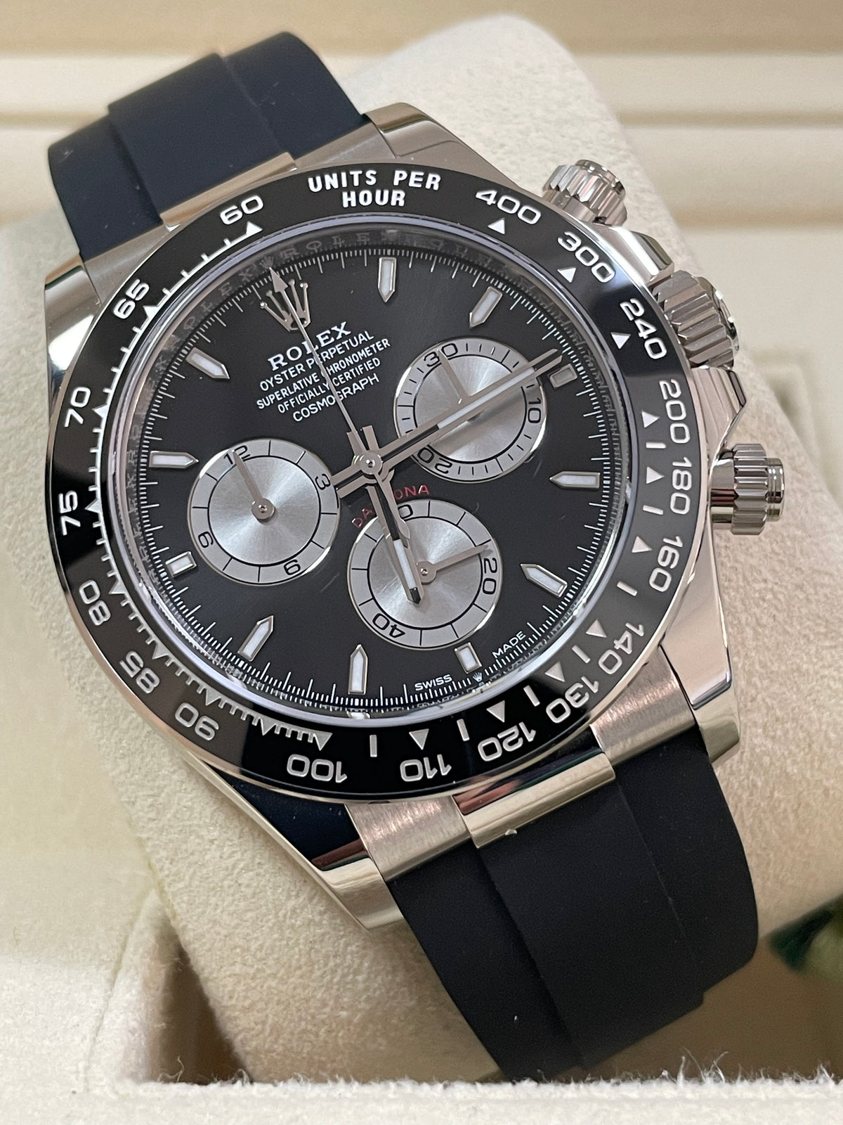 Rolex White Gold Cosmograph Daytona - 2023 - Black and Steel Dial - Black Oysterflex Strap - 126519LN