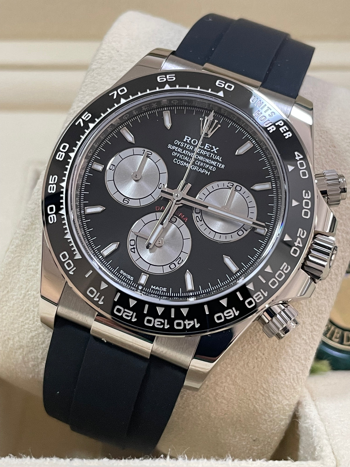 Rolex White Gold Cosmograph Daytona - 2023 - Black and Steel Dial - Black Oysterflex Strap - 126519LN