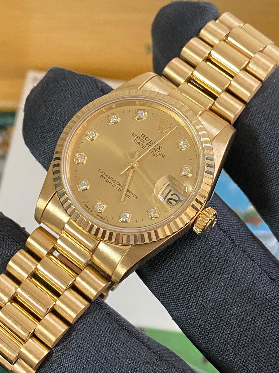 Rolex Yellow Gold Datejust 31 - A serial - Fluted Bezel - Factory Diamond Dial - President Bracelet - 78278