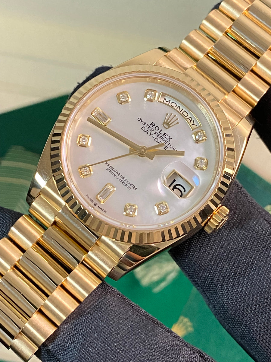 Rolex Yellow Gold Day-Date 36 - 2021 - Fluted Bezel - Mother-of-Pearl Diamond Dial - President Bracelet - 128238 *FULL SET*