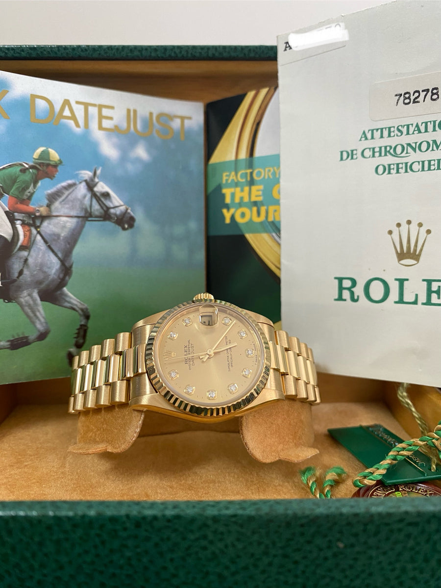 Rolex Yellow Gold Datejust 31 - A serial - Fluted Bezel - Factory Diamond Dial - President Bracelet - 78278