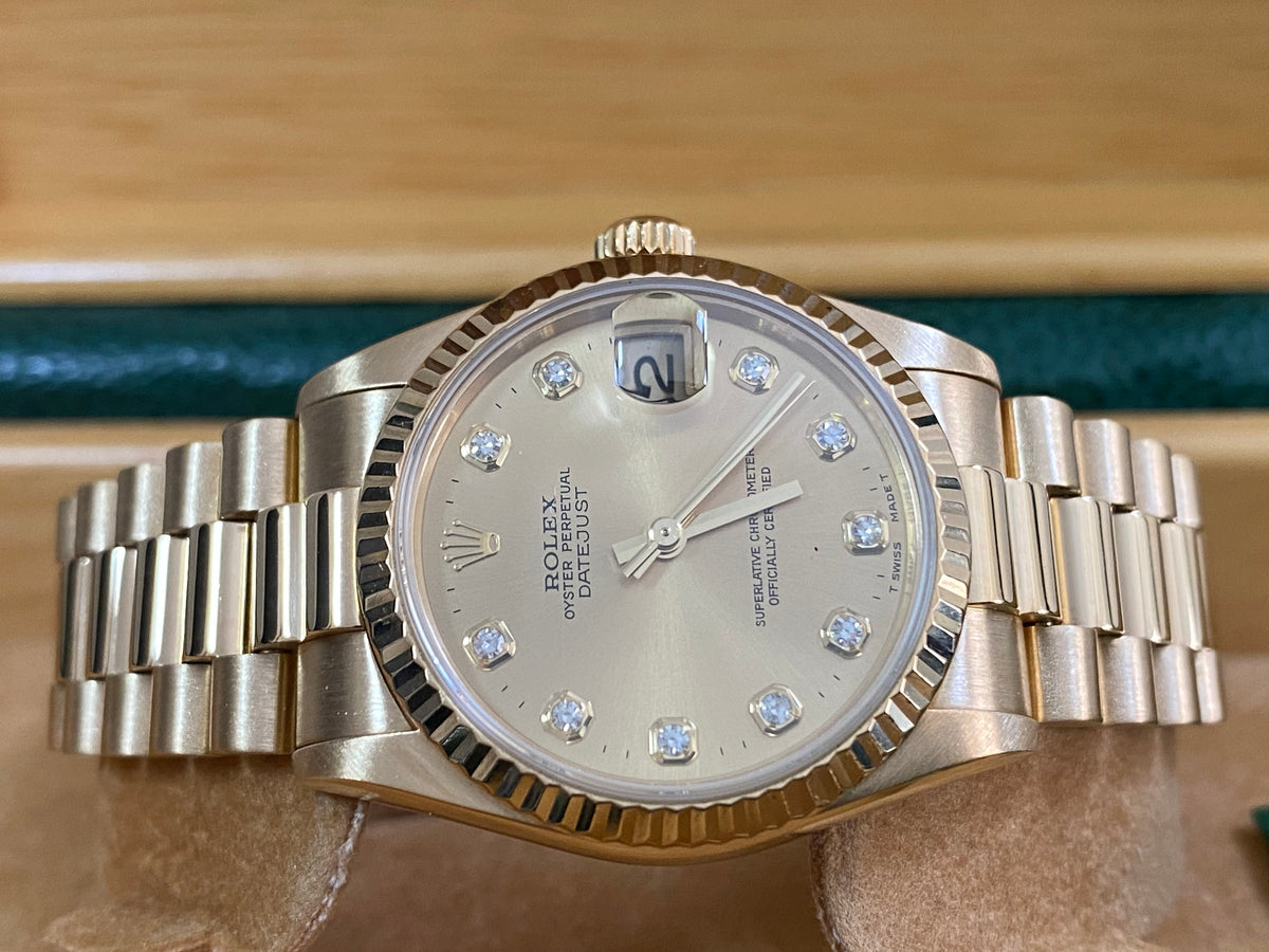 Rolex Yellow Gold Datejust 31 - A serial - Fluted Bezel - Factory Diamond Dial - President Bracelet - 78278