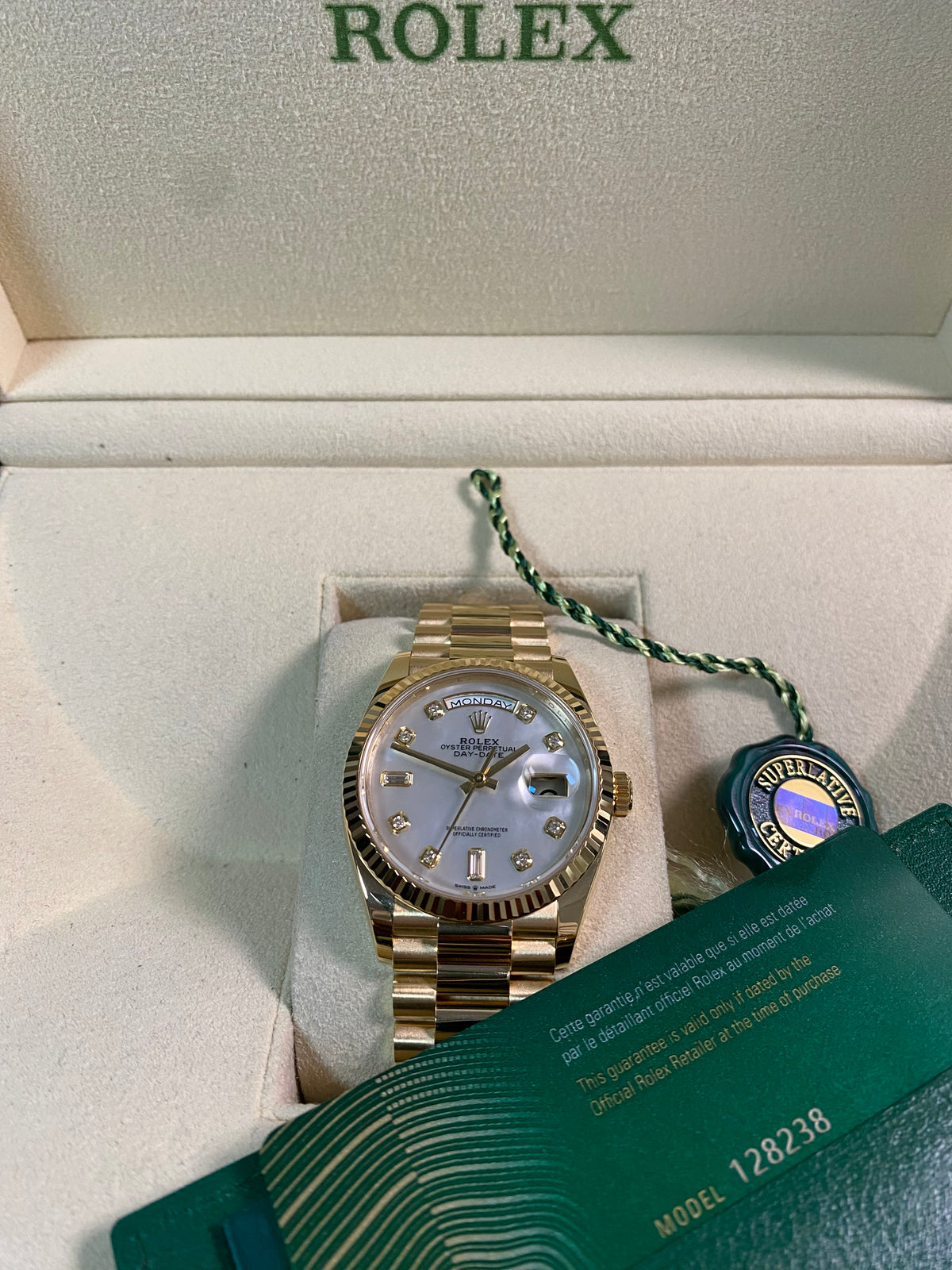 Rolex Yellow Gold Day-Date 36 - 2021 - Fluted Bezel - Mother-of-Pearl Diamond Dial - President Bracelet - 128238 *FULL SET*