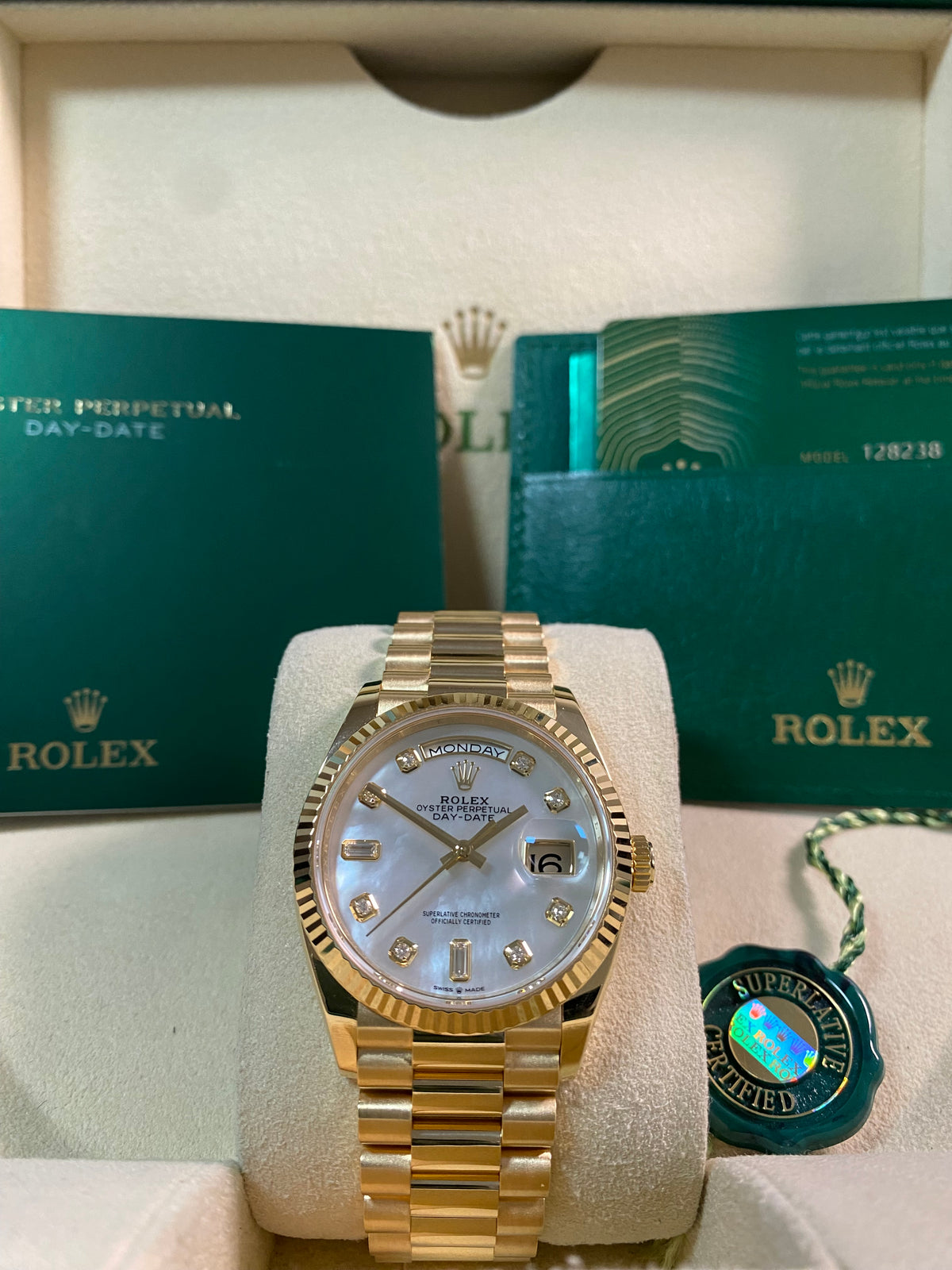 Rolex Yellow Gold Day-Date 36 - 2021 - Fluted Bezel - Mother-of-Pearl Diamond Dial - President Bracelet - 128238 *FULL SET*