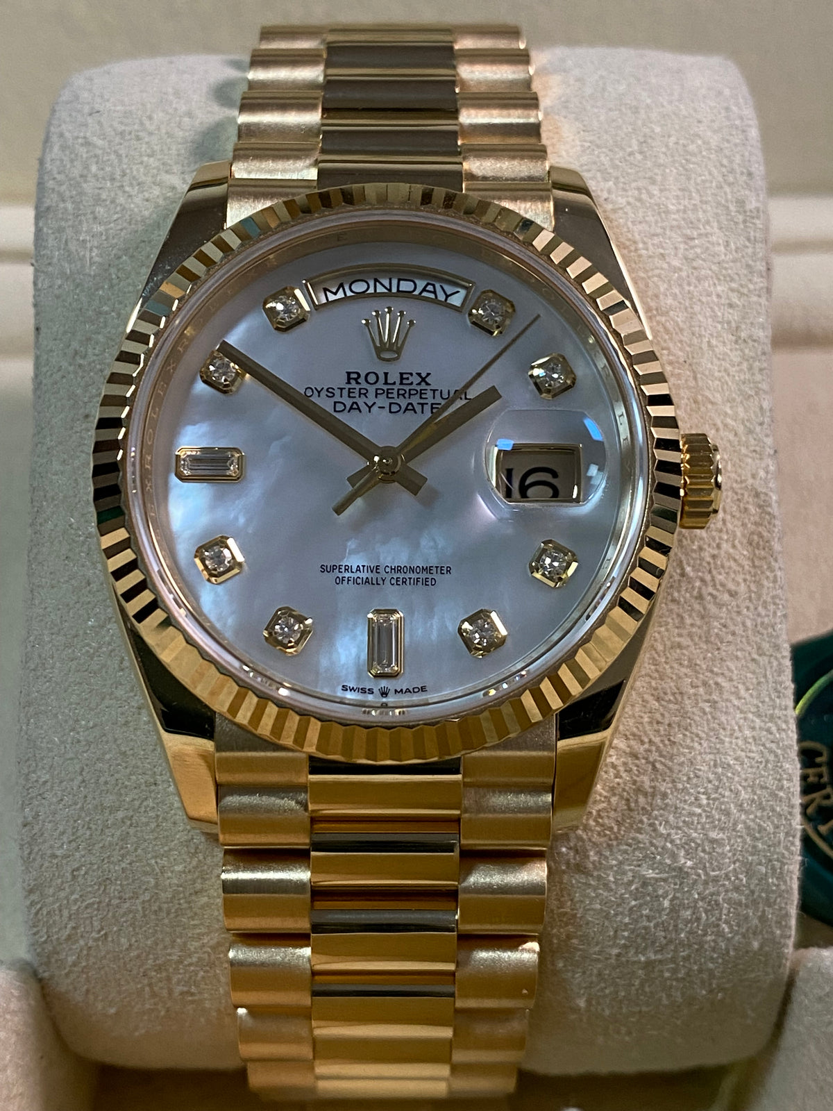 Rolex Yellow Gold Day-Date 36 - 2021 - Fluted Bezel - Mother-of-Pearl Diamond Dial - President Bracelet - 128238 *FULL SET*