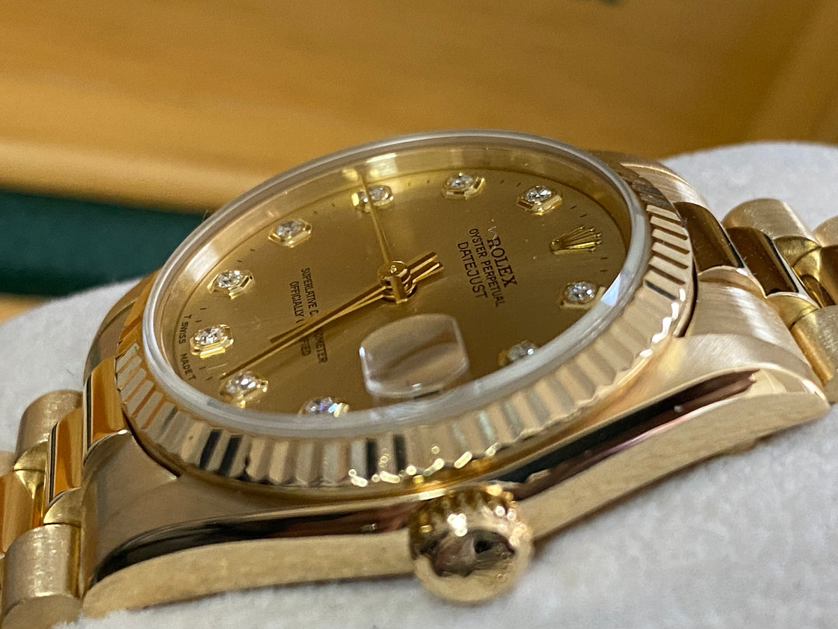 Rolex Yellow Gold Datejust 31 - A serial - Fluted Bezel - Factory Diamond Dial - President Bracelet - 78278