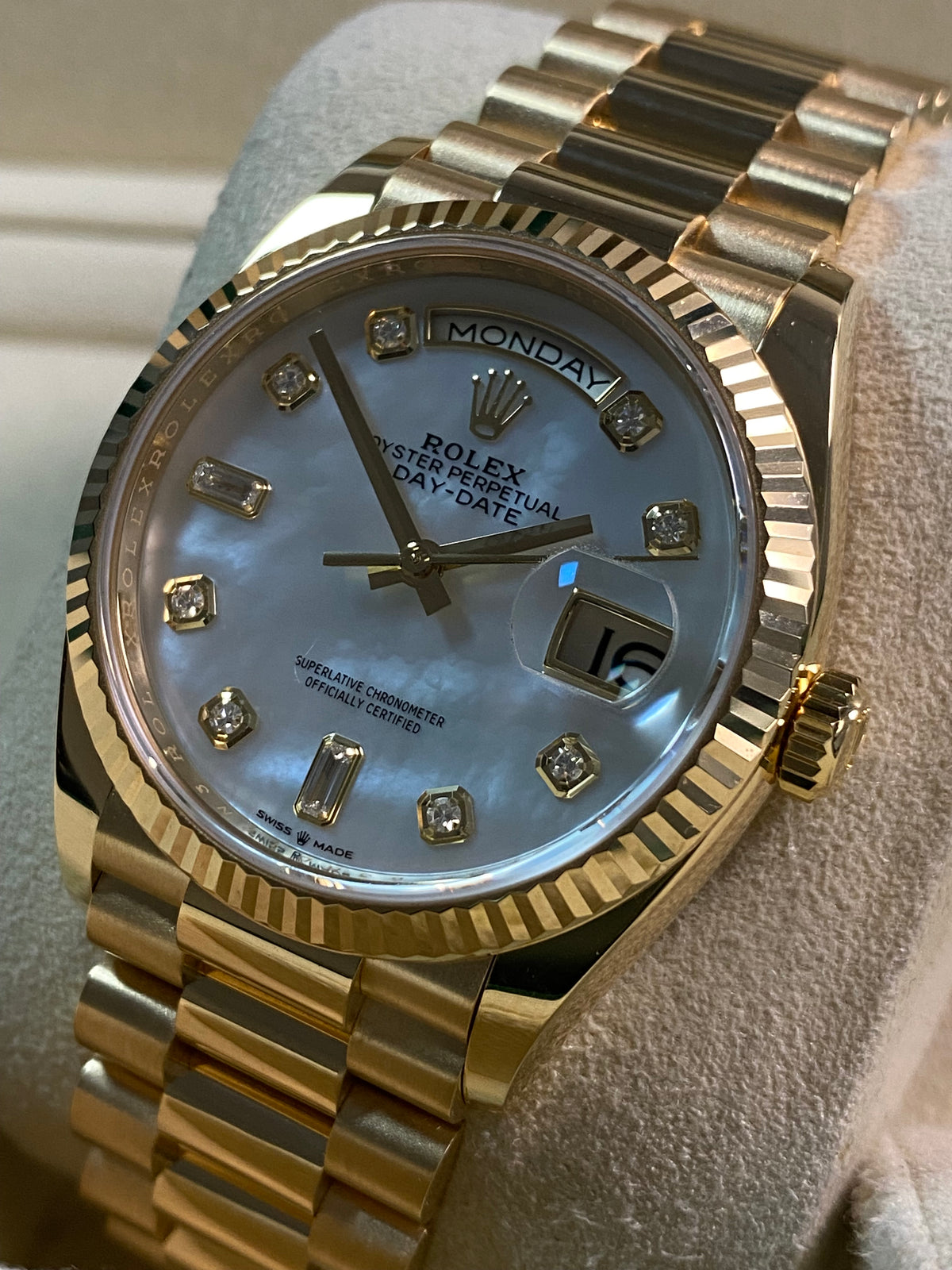 Rolex Yellow Gold Day-Date 36 - 2021 - Fluted Bezel - Mother-of-Pearl Diamond Dial - President Bracelet - 128238 *FULL SET*