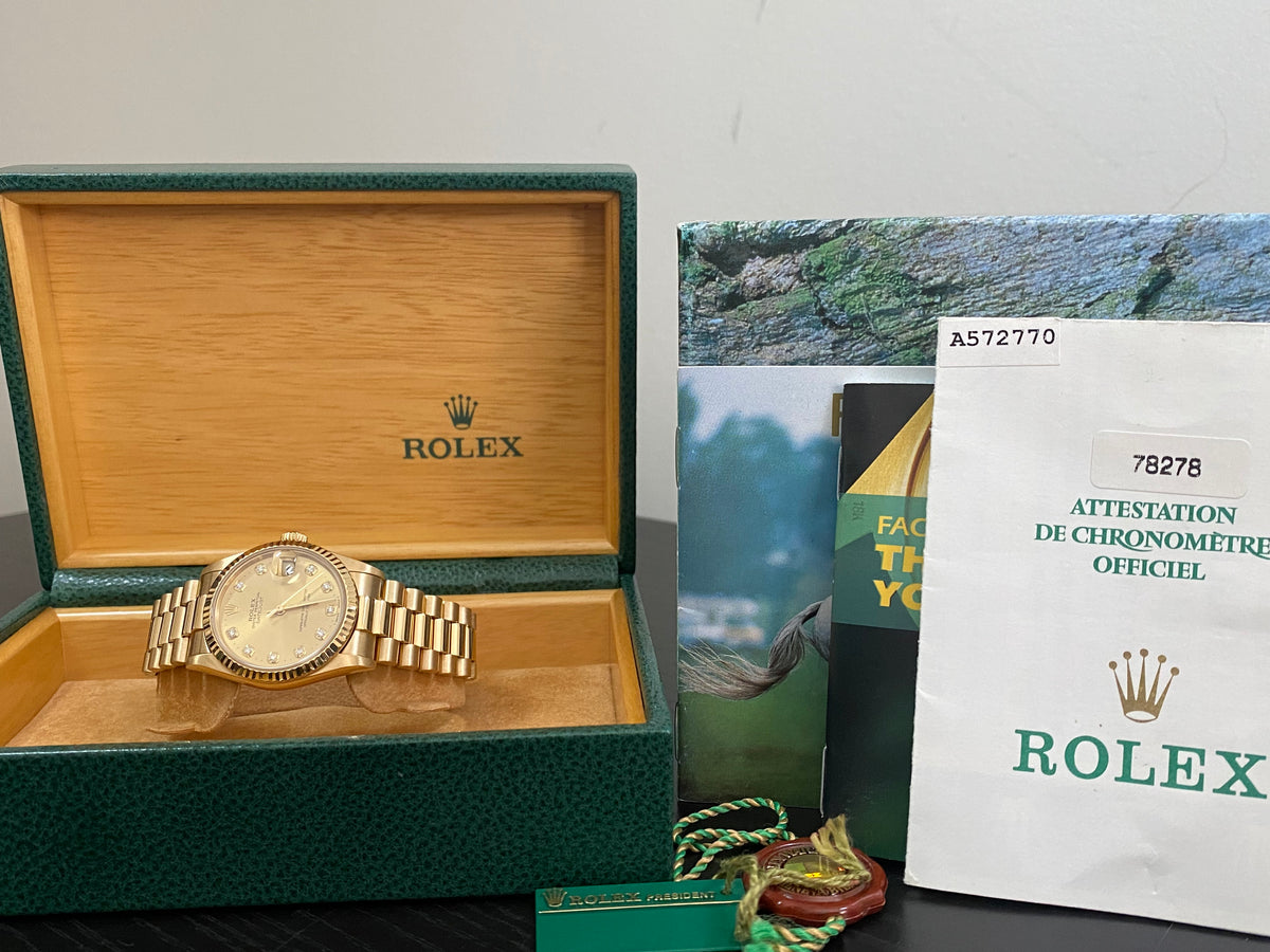 Rolex Yellow Gold Datejust 31 - A serial - Fluted Bezel - Factory Diamond Dial - President Bracelet - 78278