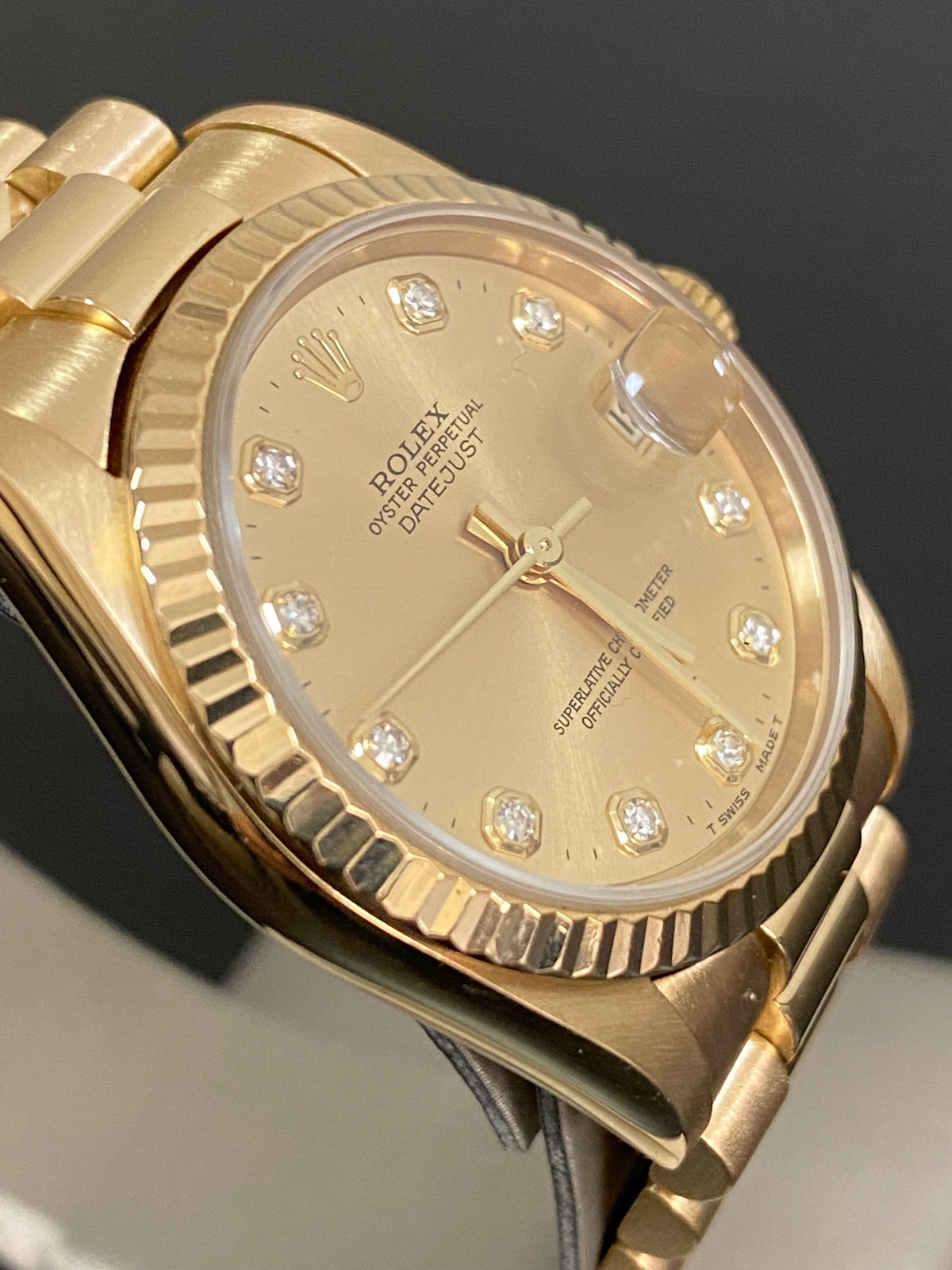 Rolex Yellow Gold Datejust 31 - A serial - Fluted Bezel - Factory Diamond Dial - President Bracelet - 78278