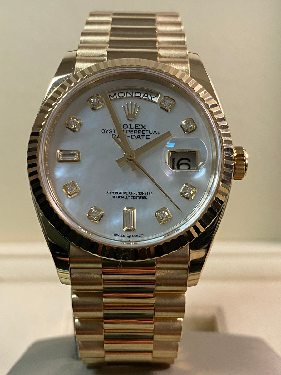 Rolex Yellow Gold Day-Date 36 - 2021 - Fluted Bezel - Mother-of-Pearl Diamond Dial - President Bracelet - 128238 *FULL SET*