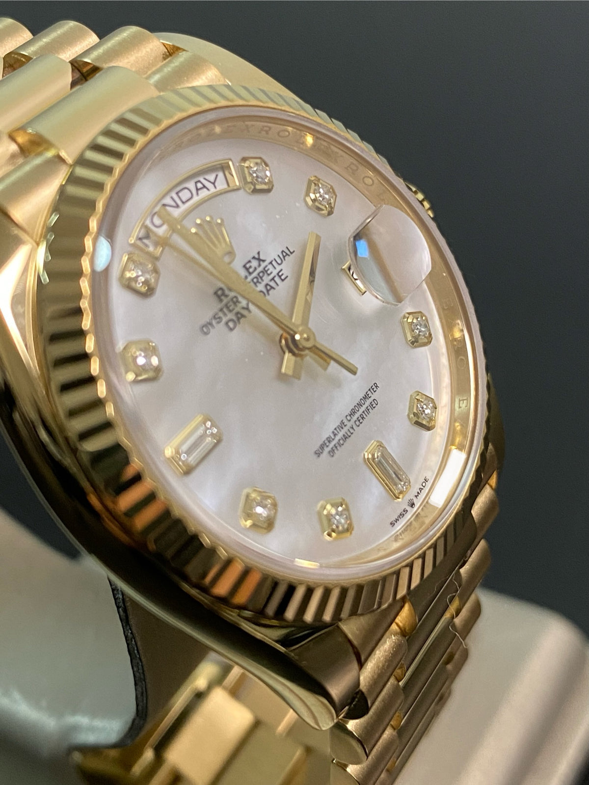 Rolex Yellow Gold Day-Date 36 - 2021 - Fluted Bezel - Mother-of-Pearl Diamond Dial - President Bracelet - 128238 *FULL SET*