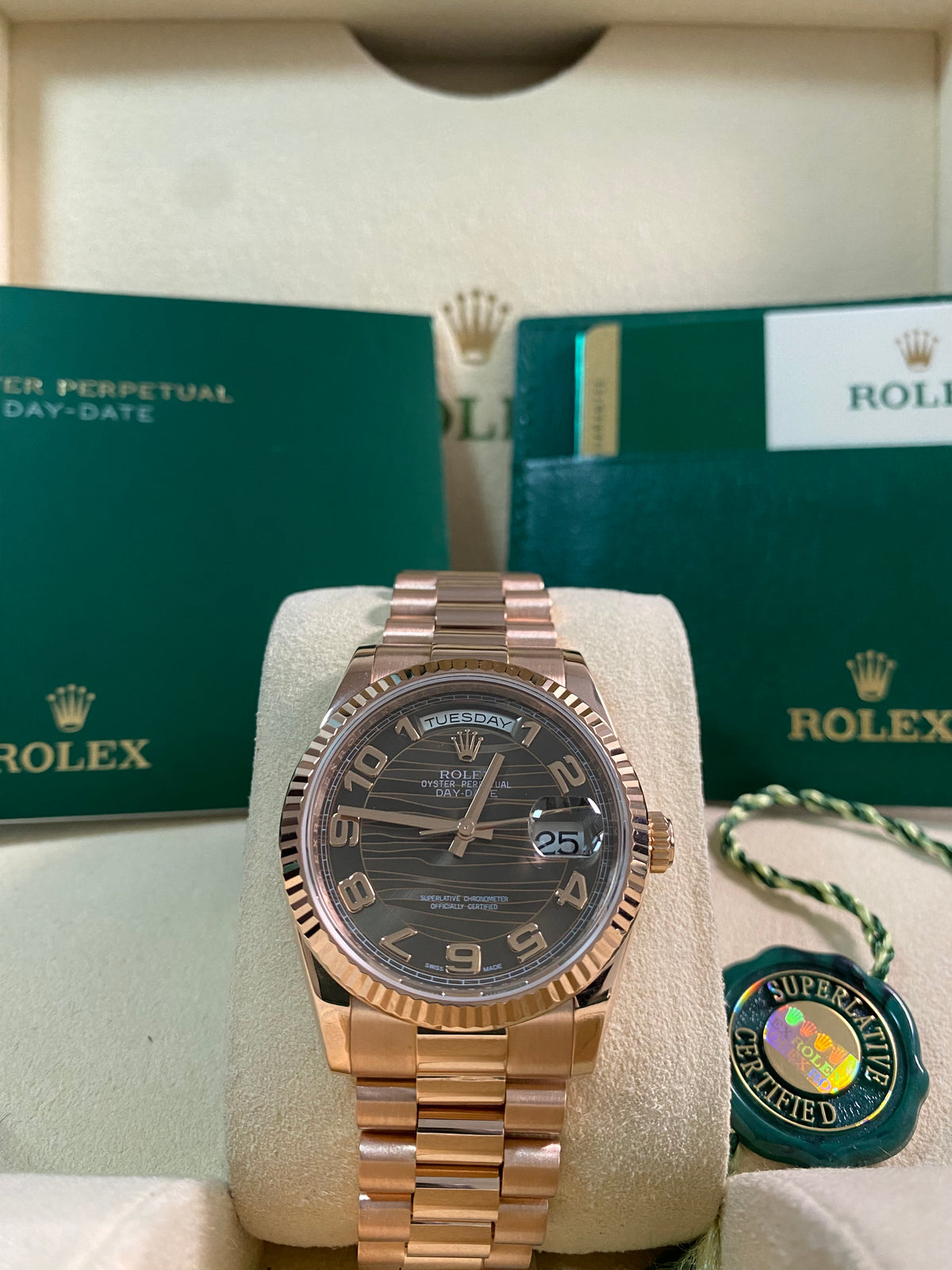 Rolex Everose Gold Day-Date 36 - 2017 - Fluted Bezel - Chocolate Wave Dial - President Bracelet - 118235 *FULL SET*