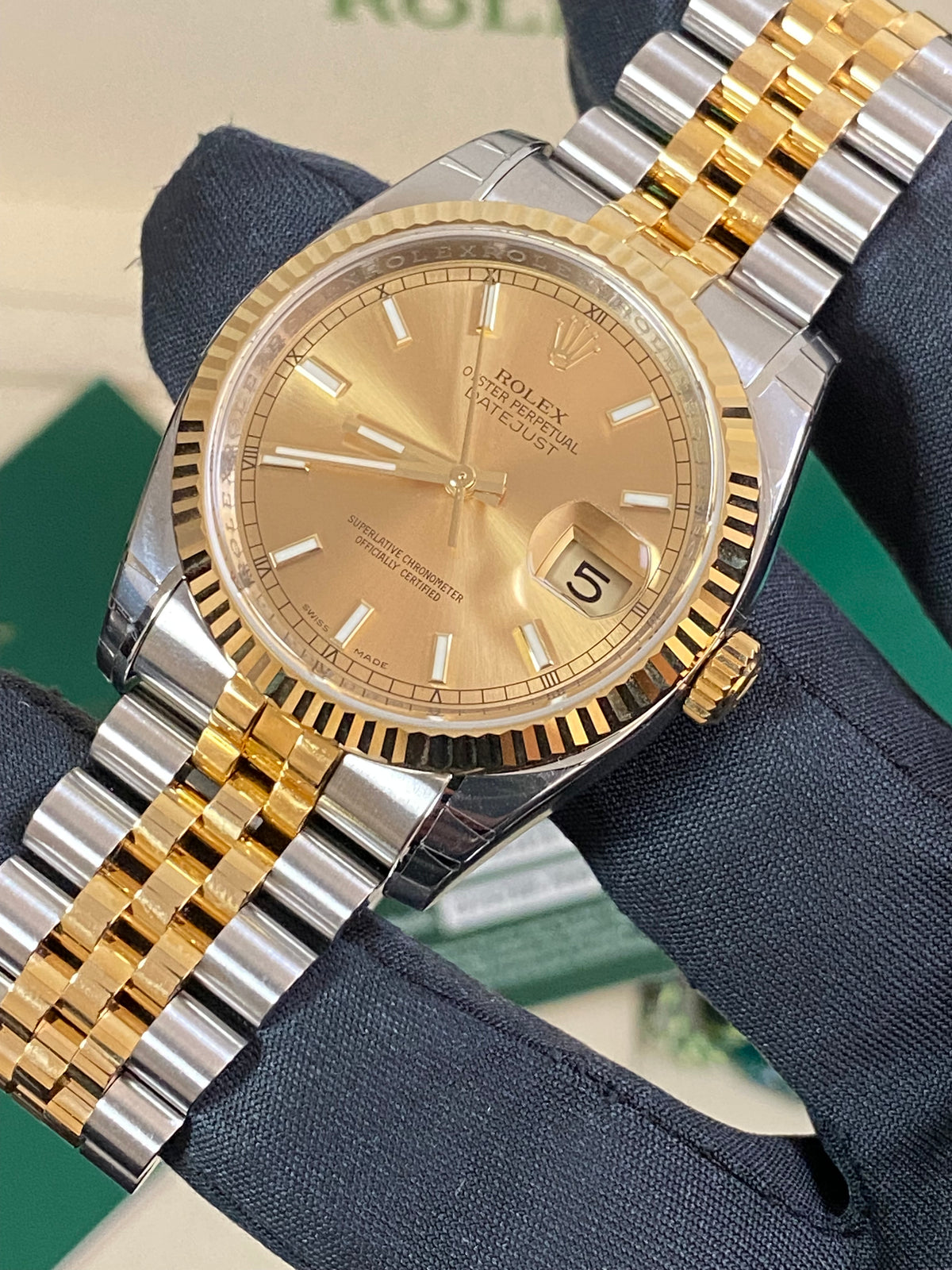 Rolex Steel and Yellow Gold Datejust 36 - 2011 - Fluted Bezel - Champagne Index Dial - Jubilee Bracelet - 116233 *FULL STICKERS*