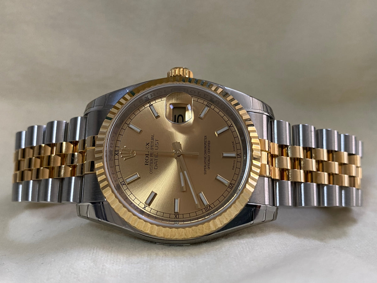 Rolex Steel and Yellow Gold Datejust 36 - 2011 - Fluted Bezel - Champagne Index Dial - Jubilee Bracelet - 116233 *FULL STICKERS*