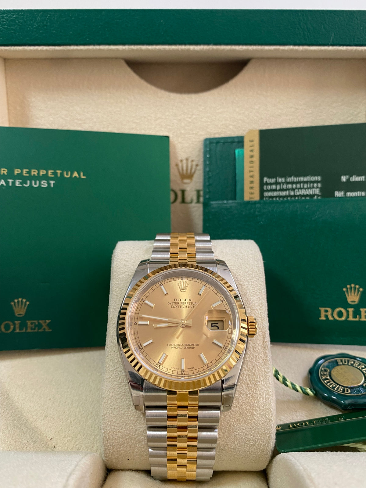 Rolex Steel and Yellow Gold Datejust 36 - 2011 - Fluted Bezel - Champagne Index Dial - Jubilee Bracelet - 116233 *FULL STICKERS*