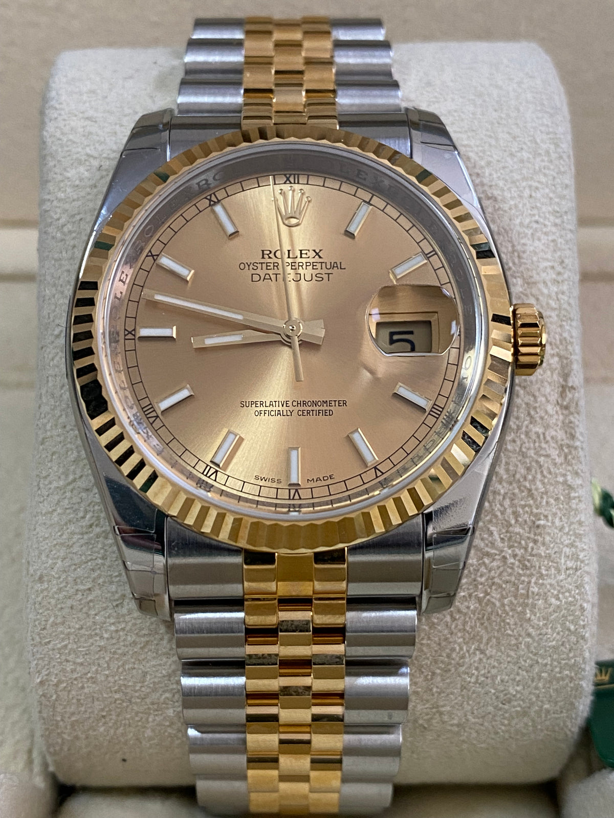 Rolex Steel and Yellow Gold Datejust 36 - 2011 - Fluted Bezel - Champagne Index Dial - Jubilee Bracelet - 116233 *FULL STICKERS*