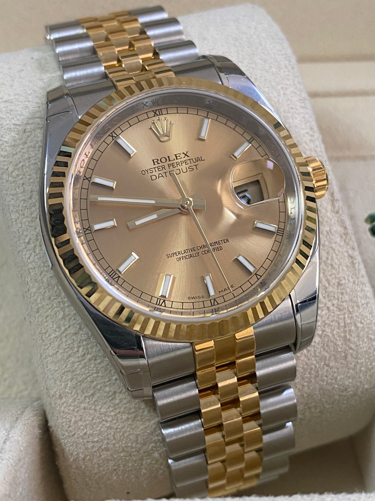 Rolex Steel and Yellow Gold Datejust 36 - 2011 - Fluted Bezel - Champagne Index Dial - Jubilee Bracelet - 116233 *FULL STICKERS*